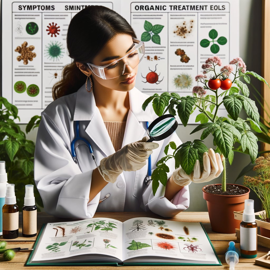 Botanist identifying common plant diseases, demonstrating symptoms, organic treatment methods, and plant health care, with a guidebook and prevention tools for plant disease identification.