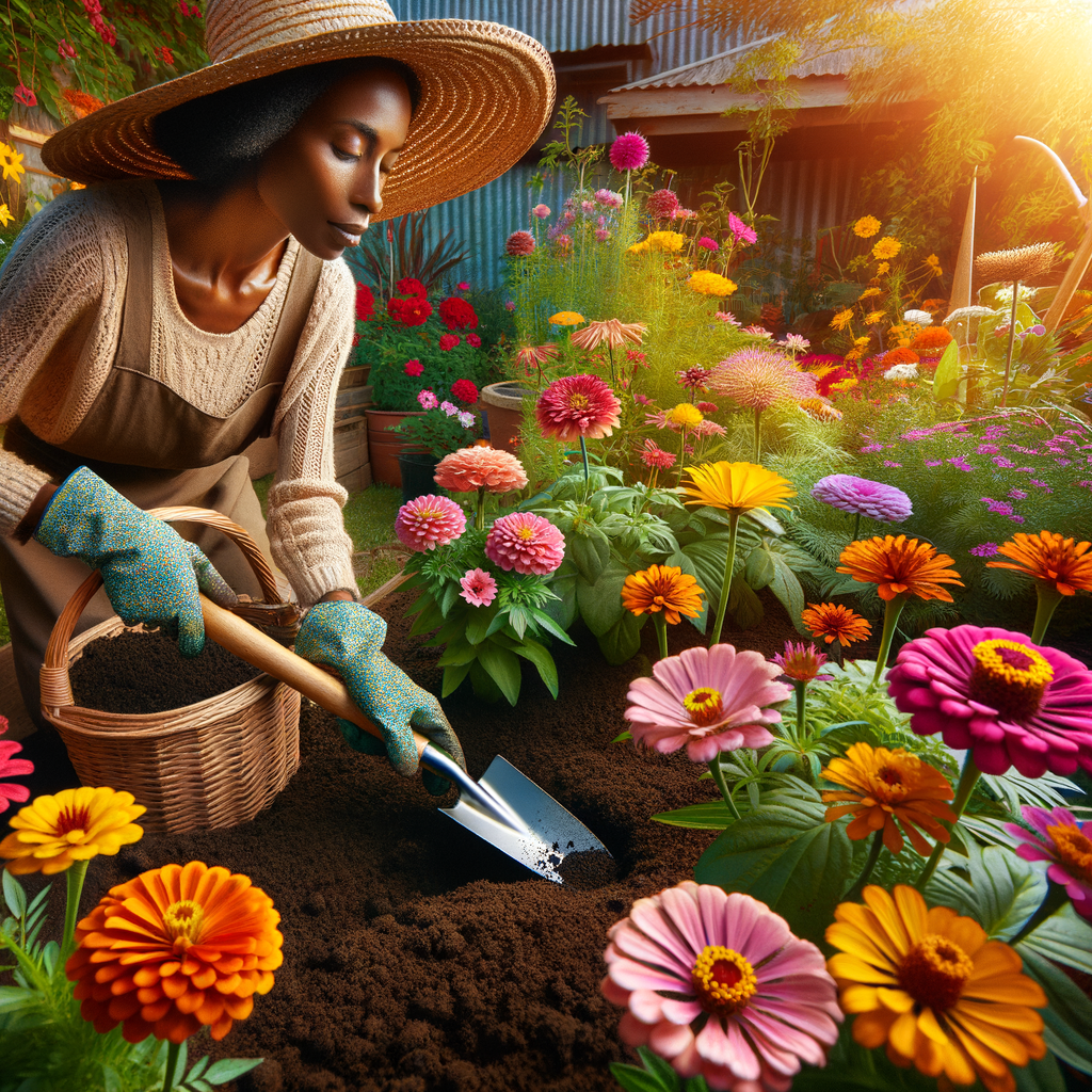 Organic flower cultivation in a vibrant garden using eco-friendly gardening methods, showcasing the beauty of sustainable flower gardening and organic gardening tips for home flower care.