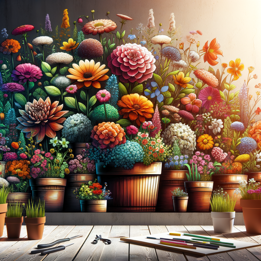Vibrant display of diverse flowers in pots illustrating container flower gardening techniques, providing pot gardening tips and container gardening ideas for gardening enthusiasts.