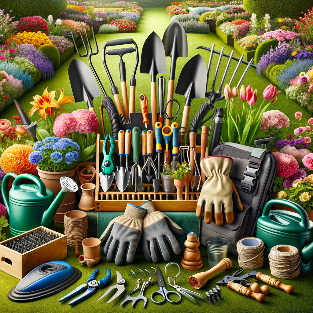 Professional flower gardening tools and equipment, including the best tools for planting and maintaining flowers, neatly arranged in a lush flower garden.