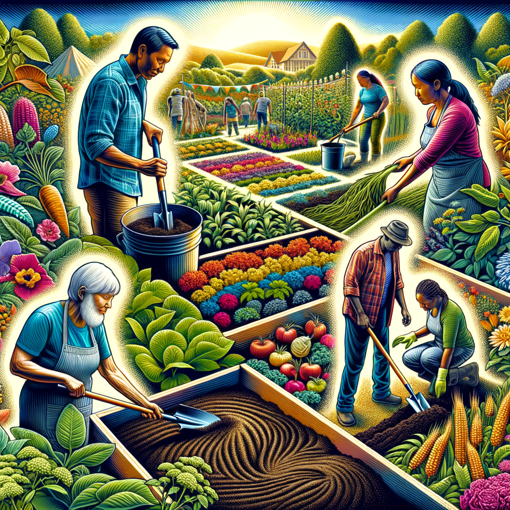 Vibrant illustration of organic gardening techniques for soil enrichment, showcasing composting, crop rotation, and mulching for garden nourishment and improved soil health.