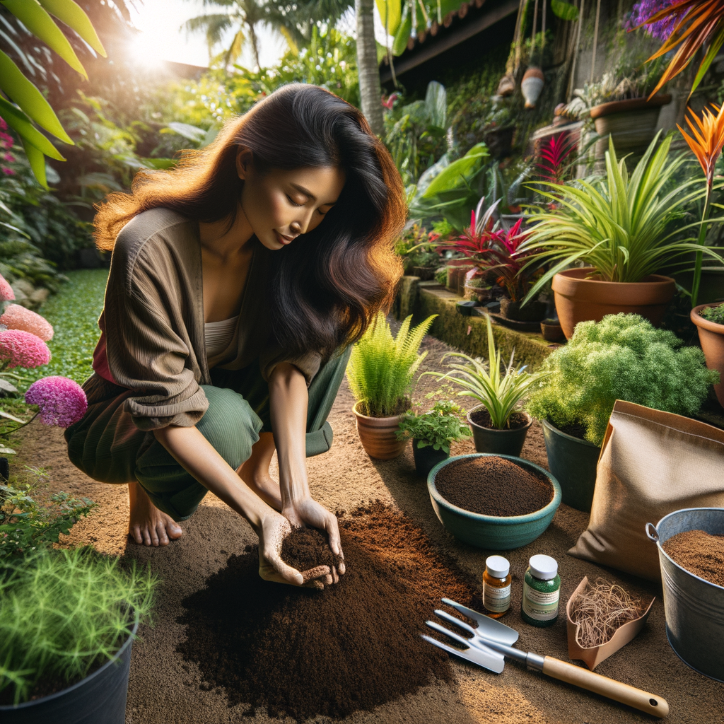 Gardening enthusiast applying organic soil amendments for healthy plants growth in a vibrant garden, showcasing sustainable gardening techniques, organic fertilizers, and tools for soil improvement, symbolizing organic plant care and soil nutrients enrichment.