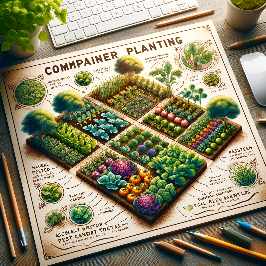 Companion planting guide featuring a vibrant vegetable garden layout with best companion plants for vegetables, organic gardening tips, and techniques for enhancing vegetable yield and natural pest control.