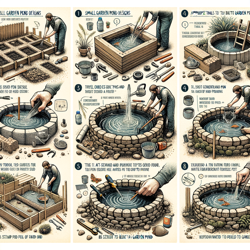 Step-by-step guide for DIY garden pond construction and maintenance, showcasing small garden pond design ideas and tools for building and maintaining a small pond in your backyard.
