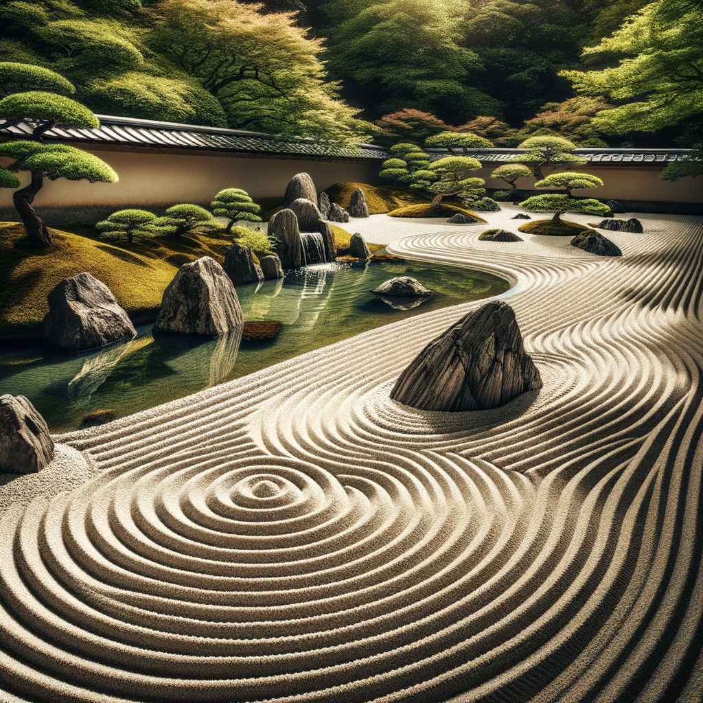 Zen garden design showcasing Japanese garden principles, including raked sand, carefully placed rocks, and tranquil water features, demonstrating the process of creating a Zen garden and highlighting key Zen garden elements and design techniques.