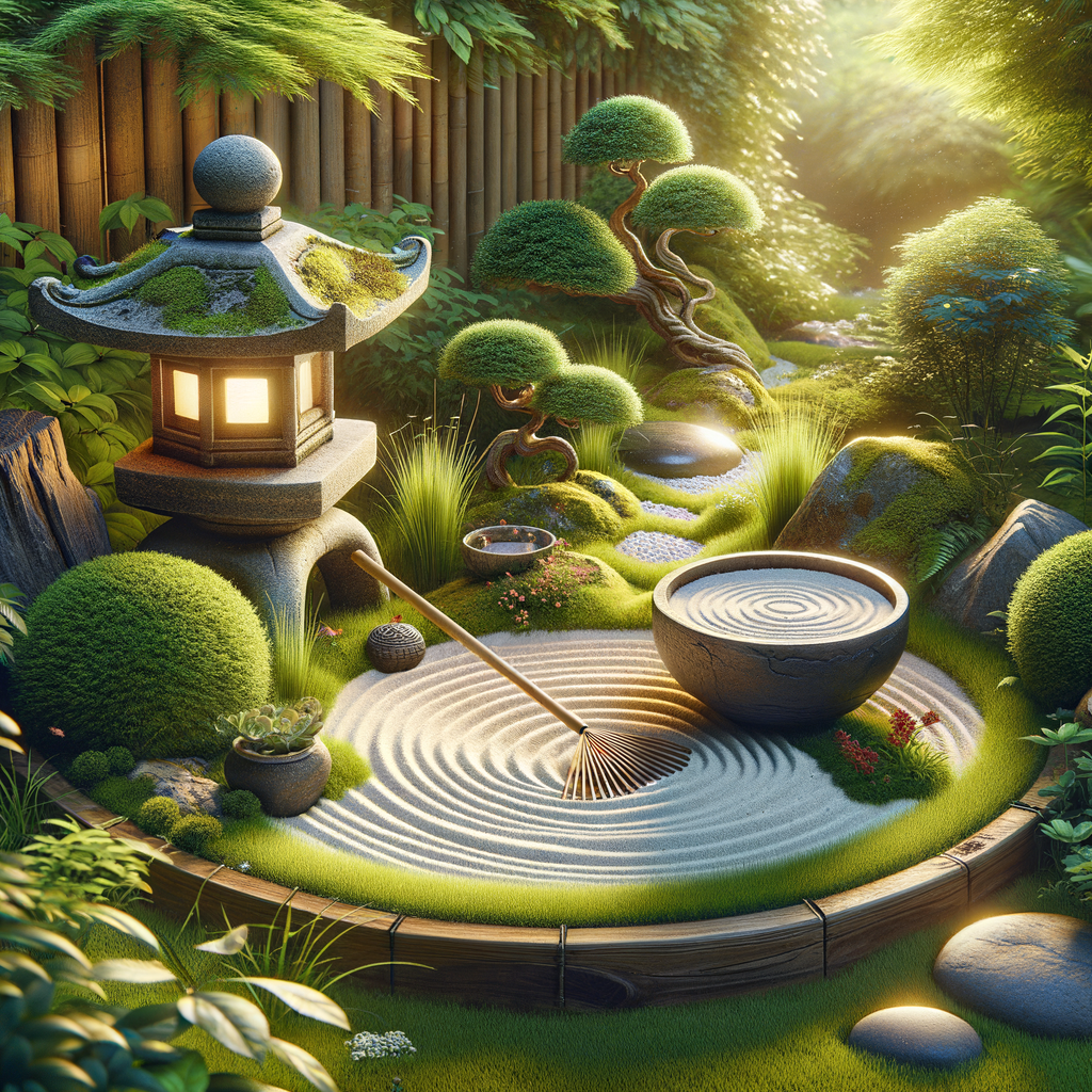 DIY Zen garden corner in a lush green garden, featuring Zen garden design ideas like a miniature sand rake, stone lantern, Zen garden plants, and accessories for a peaceful garden meditation space.