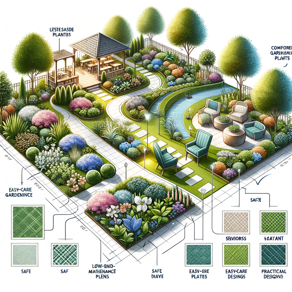 Senior-friendly garden design featuring low-maintenance plants, safe pathways, and comfortable seating for an accessible and enjoyable elderly gardening experience.