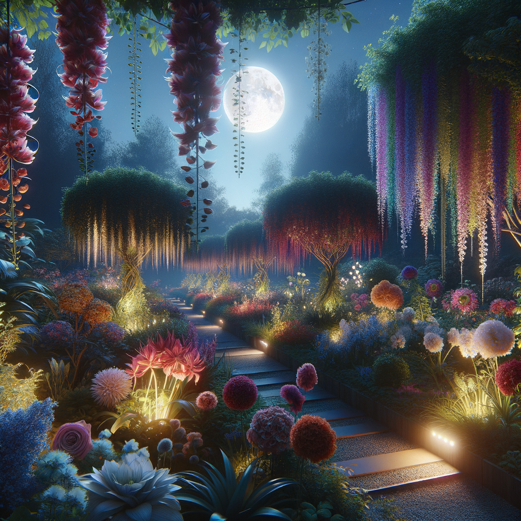 Moonlit evening garden showcasing the mystique of exotic night-blooming plants, illustrating nighttime botany and night-blooming plant care for gardening at night