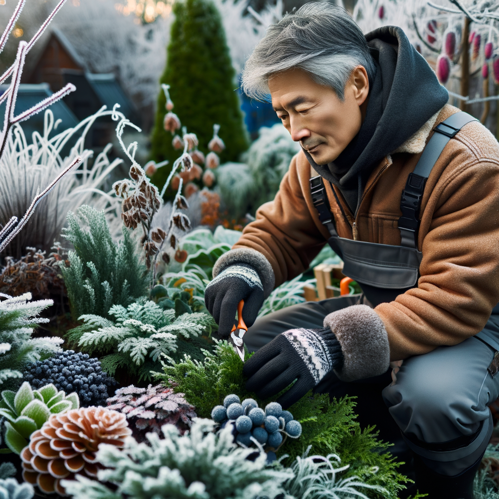 Professional gardener using winter gardening techniques and essentials to maintain frosty garden filled with best plants for winter, demonstrating winter gardening tips and frosty garden care.