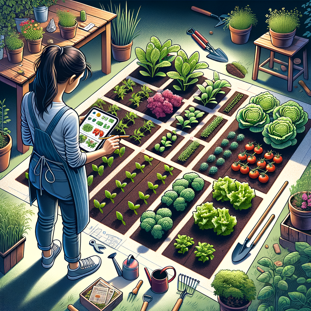 Beginner enthusiastically setting up a home vegetable garden using a step-by-step guide on a tablet, showcasing homegrown vegetables, gardening tools, and a DIY vegetable garden planning layout, embodying the essence of organic vegetable gardening for beginners.