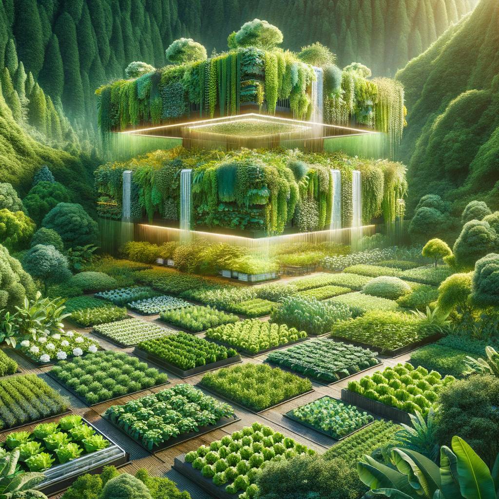 Futuristic visualization of sustainable gardening trends featuring advancements in aquaponics and hydroponics systems, highlighting the future of sustainable gardening techniques.