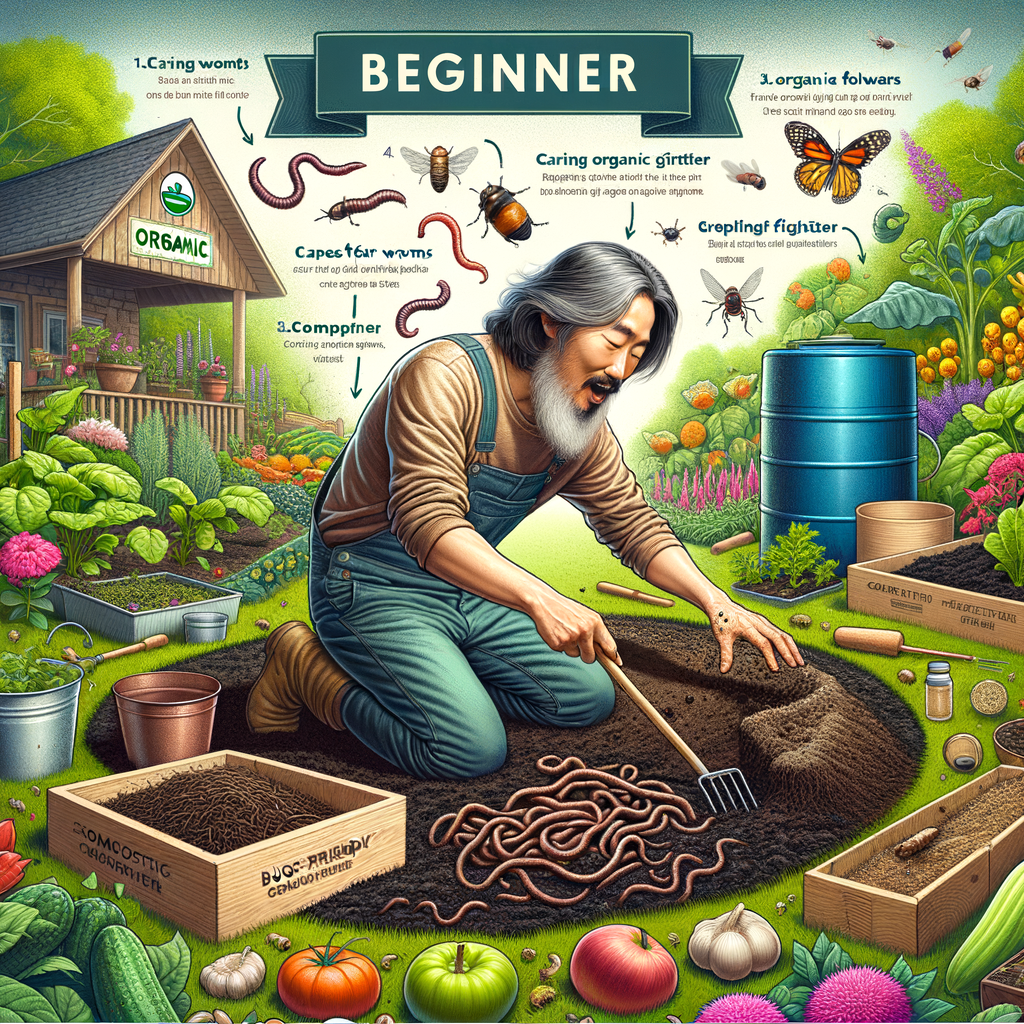 Enthusiastic beginner implementing organic gardening techniques in lush garden, representing a beginner's guide to starting an organic garden with tips and advice for organic gardening for beginners.