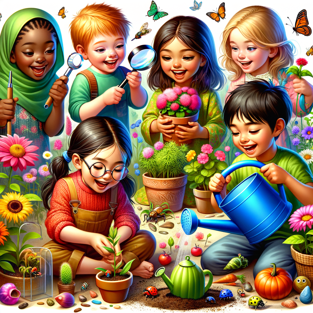 Diverse children engaging in fun and educational gardening projects, learning through gardening and participating in child-friendly outdoor activities, embodying the joy of kids gardening projects.