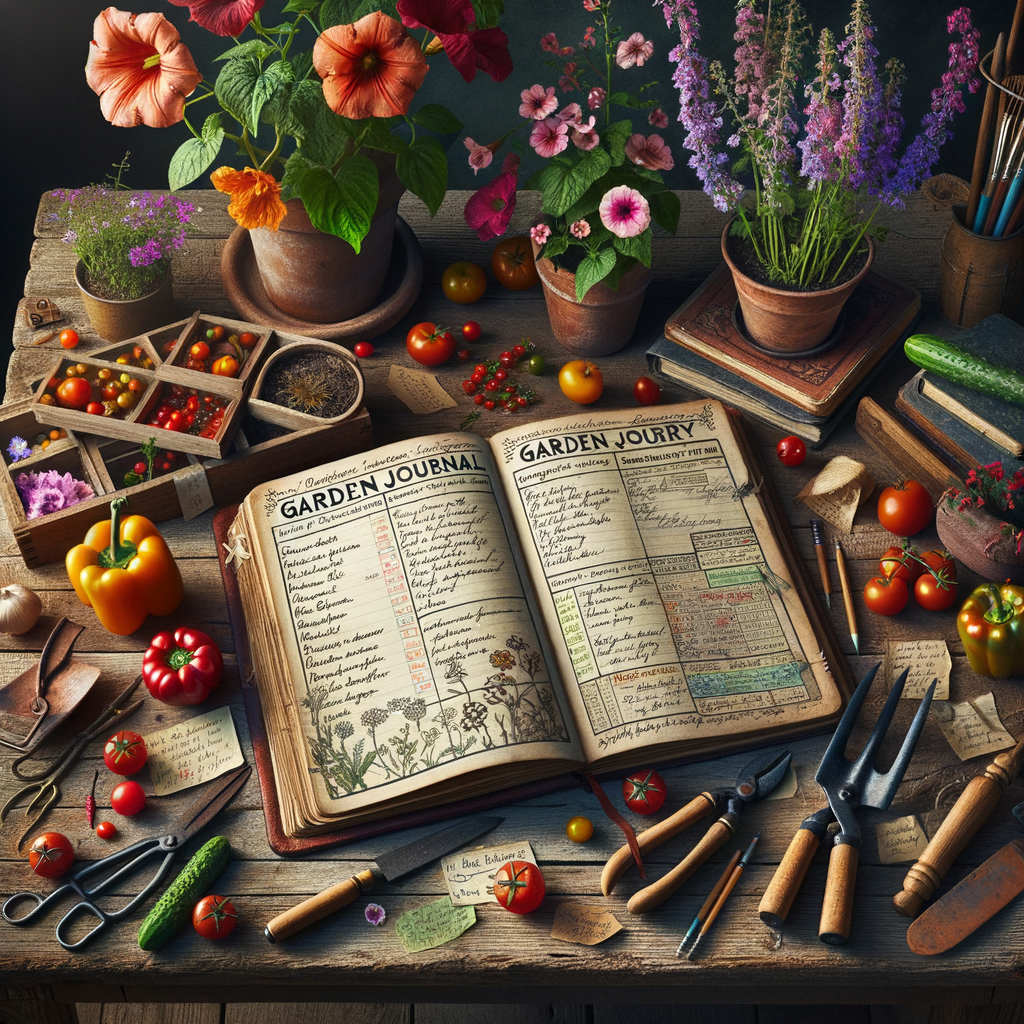 Open garden journal with records and tips on a rustic table with gardening tools, demonstrating the benefits and importance of keeping a garden diary for effective garden record keeping.