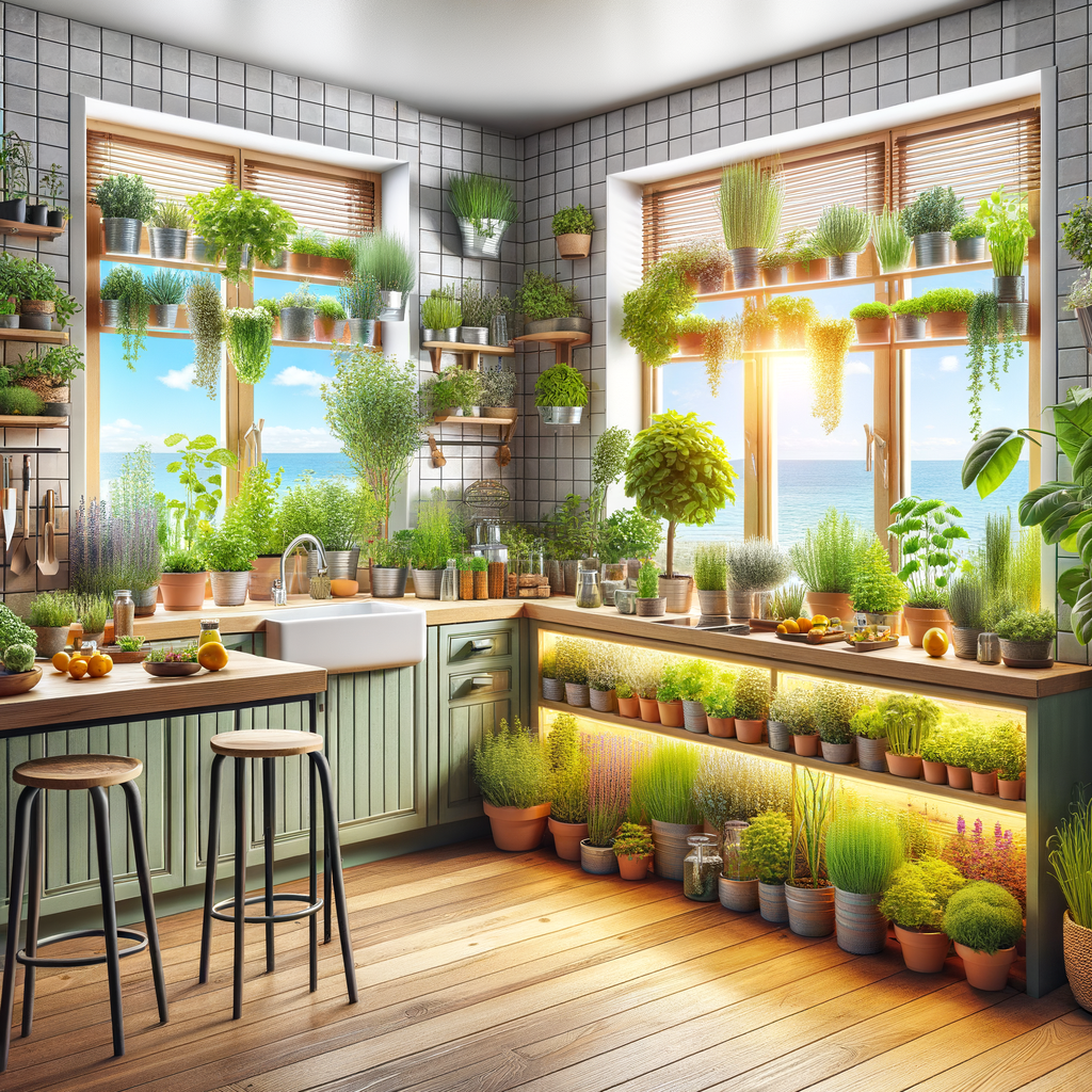 DIY window herb garden design in a bright kitchen, showcasing indoor herb garden ideas, growing herbs indoors tips, and herb garden maintenance for small space gardening.