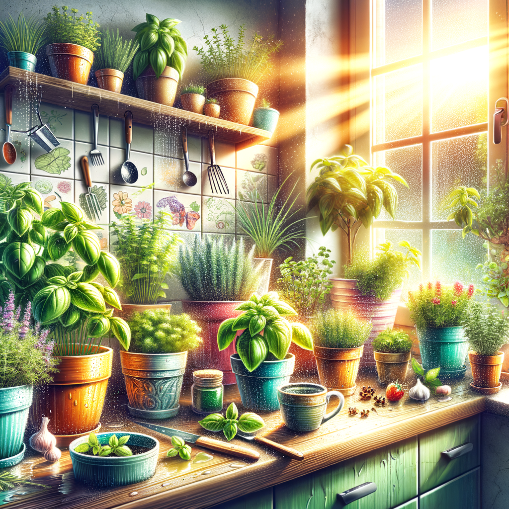 Indoor gardening techniques for a vibrant kitchen windowsill garden with homegrown herbs, showcasing small space and urban gardening tips, DIY windowsill garden ideas, and indoor plant care.