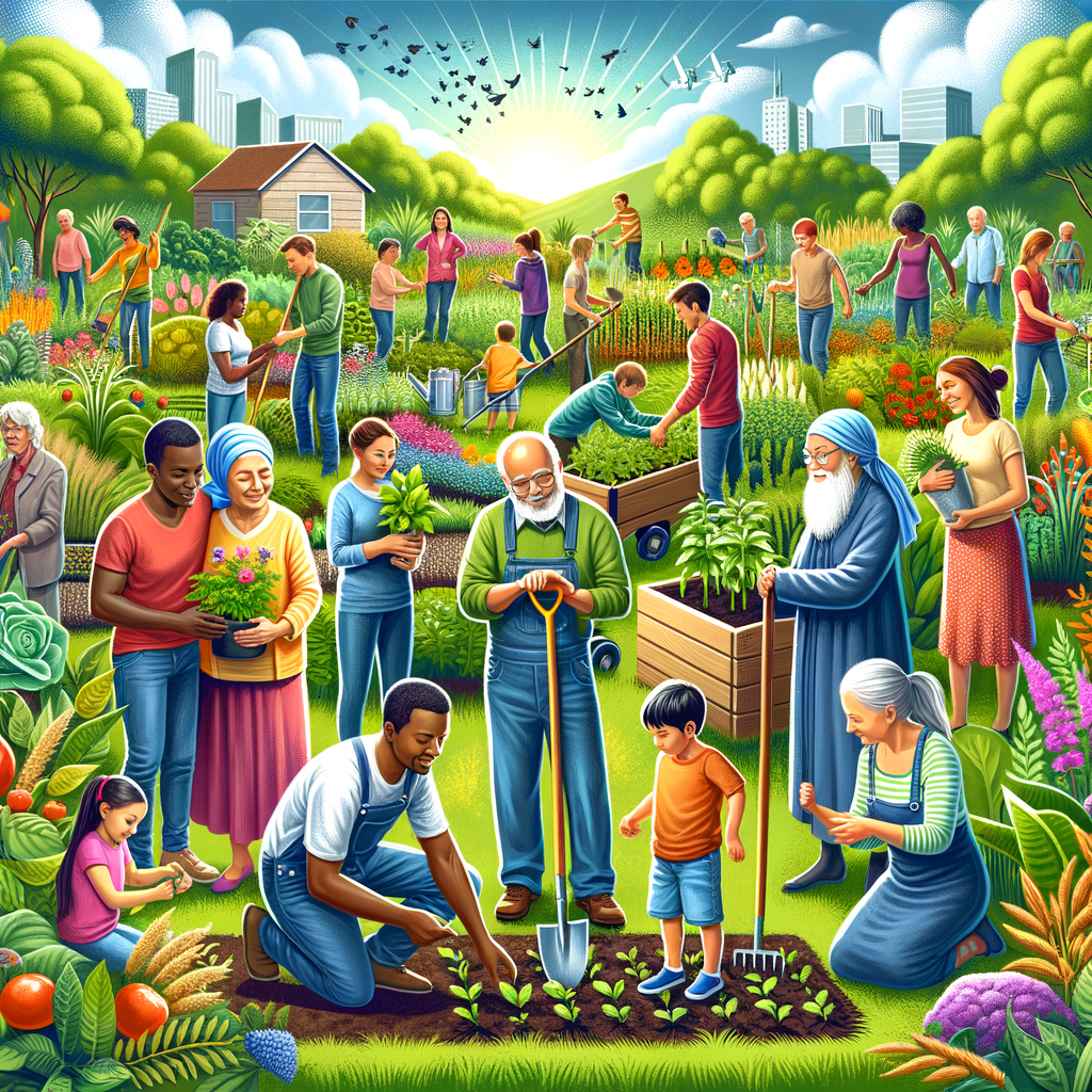 Diverse group of all ages engaging in community gardening, showcasing its social, environmental, and health benefits, and highlighting its positive impact on community development and sustainability.