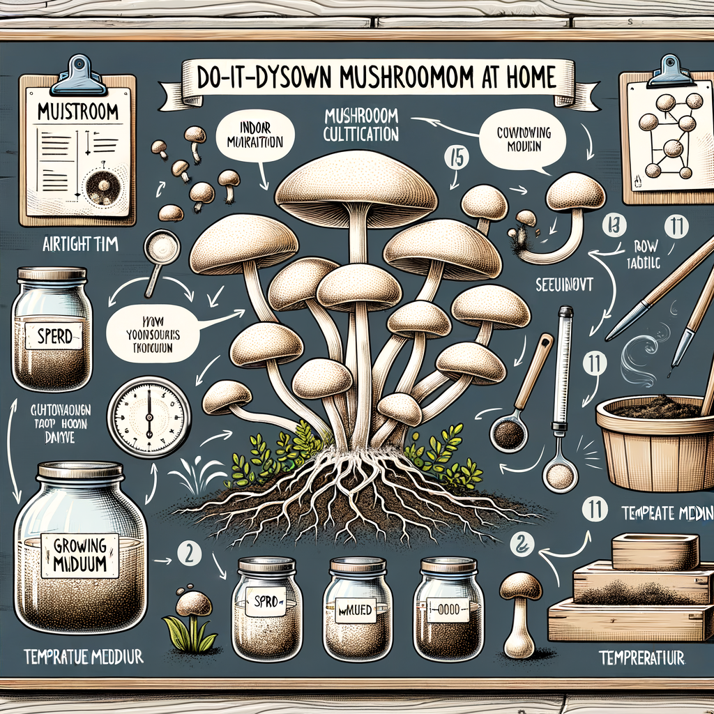 Infographic showing DIY mushroom cultivation steps for beginners, indoor mushroom farming techniques, and stages of homegrown mushrooms growth for a guide to growing mushrooms at home.