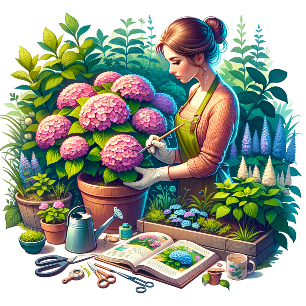 Novice gardener using hydrangea care tips from a beginner's guide, demonstrating effective hydrangea plant care and maintenance in a vibrant garden setting.