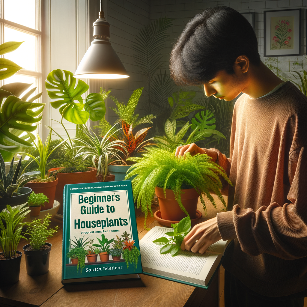 Beginner joyfully tending to vibrant indoor tropical plants, referencing the 'Beginners Guide to Houseplants' for indoor plant care tips and tropical indoor plant maintenance.