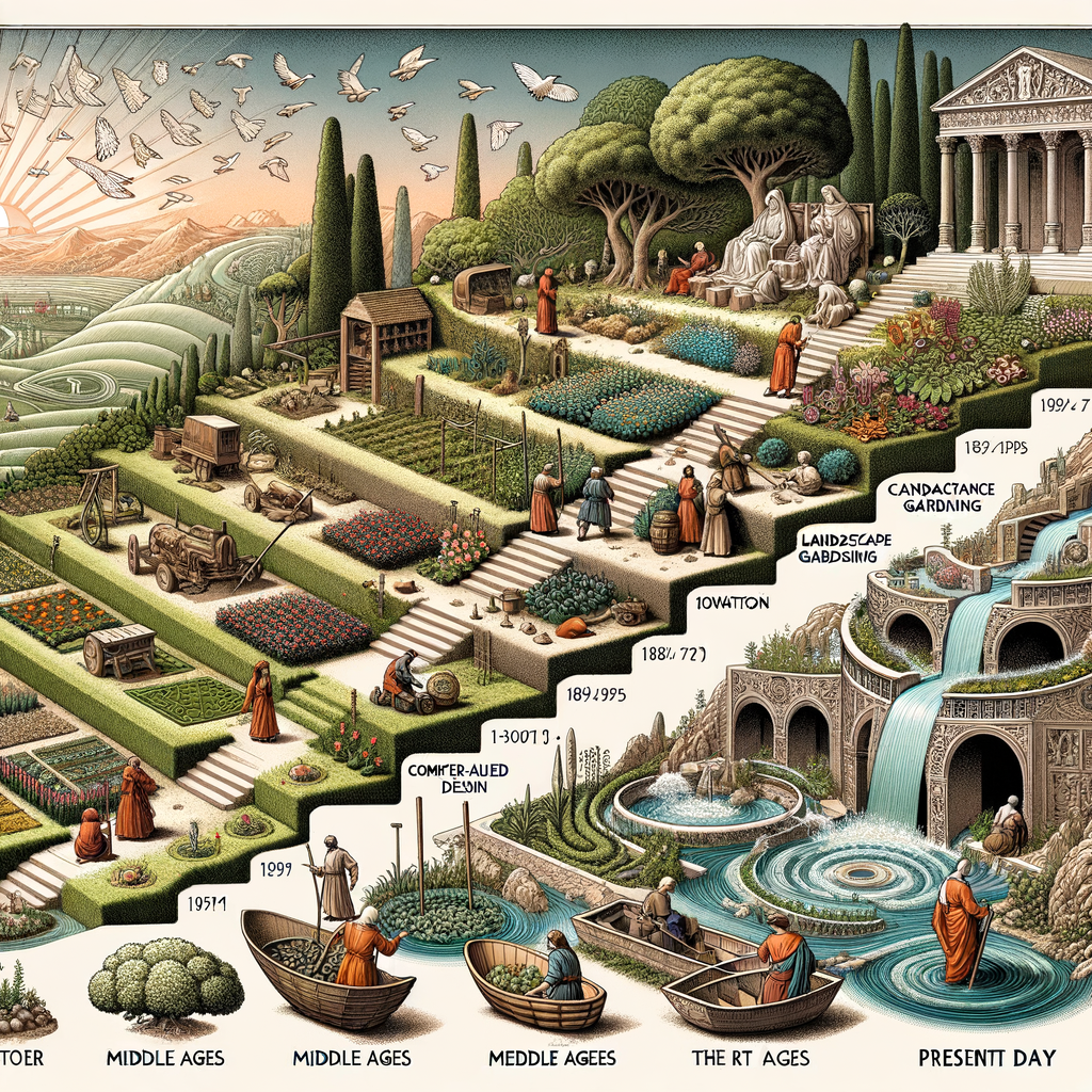 Timeline illustrating the history of landscape gardening, showcasing the evolution of gardening techniques from ancient methods to modern landscape designs.