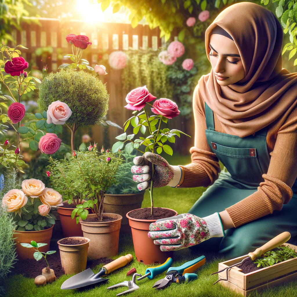 Professional gardener demonstrating how to plant and grow roses in a lush backyard garden, showcasing stages of rose cultivation, rose care tips, and a rose planting guide for healthy, blooming garden roses.