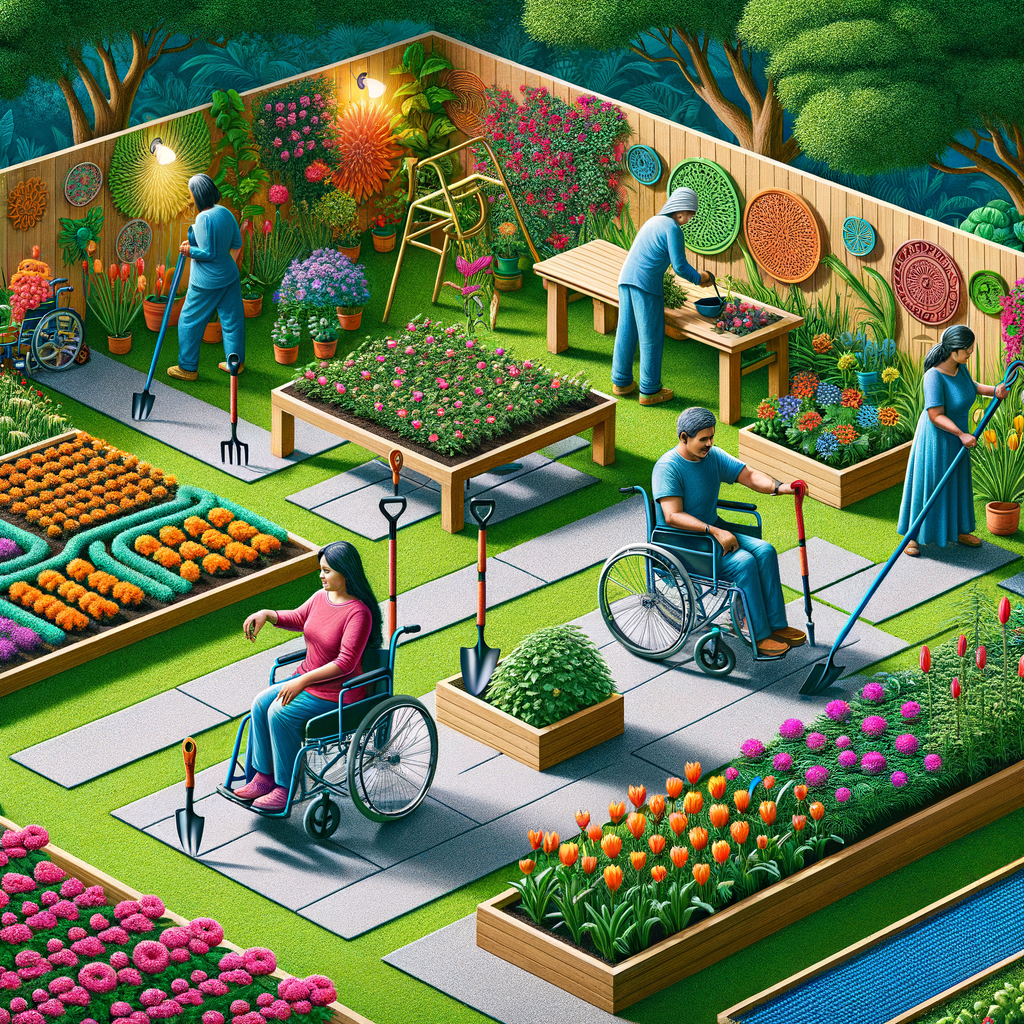 Gardeners with mobility challenges using adaptive gardening techniques and tools in a vibrant, accessible garden layout, exemplifying adaptive horticulture and accessible gardening methods for disabled individuals.