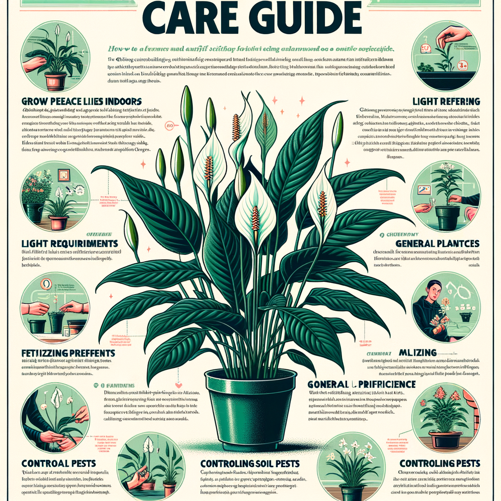 Comprehensive Peace Lilies care guide infographic detailing indoor growth, watering tips, light requirements, plant care, repotting, soil preferences, fertilizing, pest control, and pruning for healthy Peace Lilies.