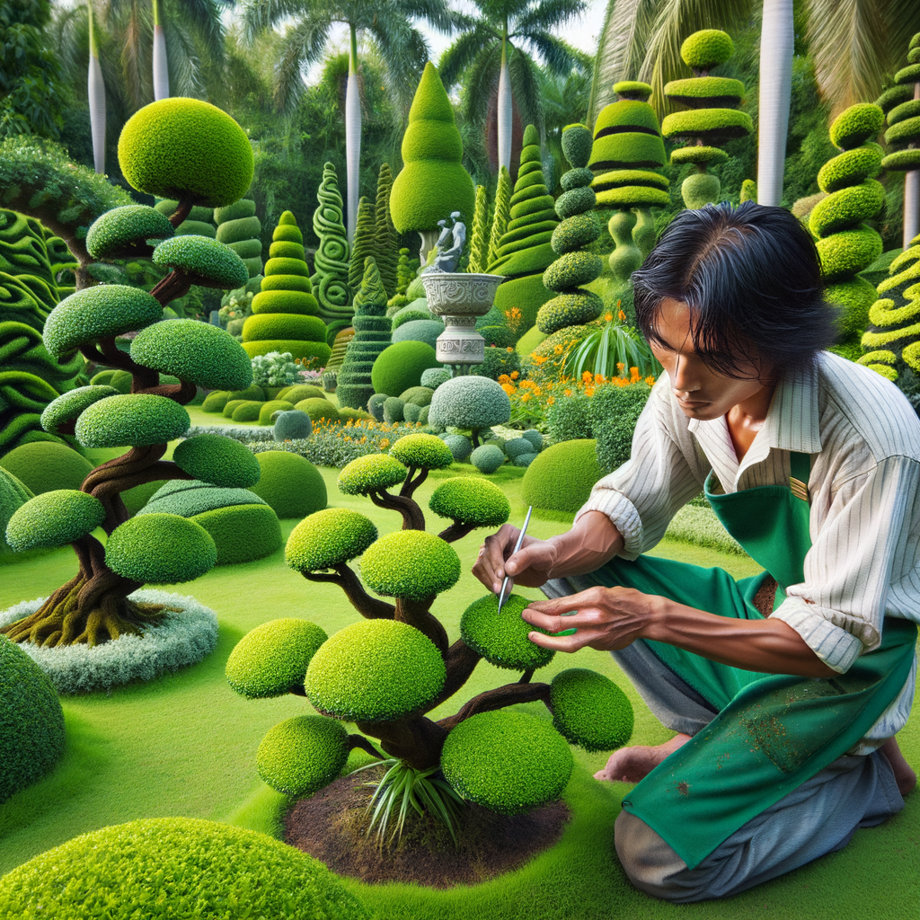 Topiary artist shaping plants into intricate garden sculptures, demonstrating plant sculpting techniques in a beautifully designed topiary garden, emphasizing living sculptures and artistic gardening.