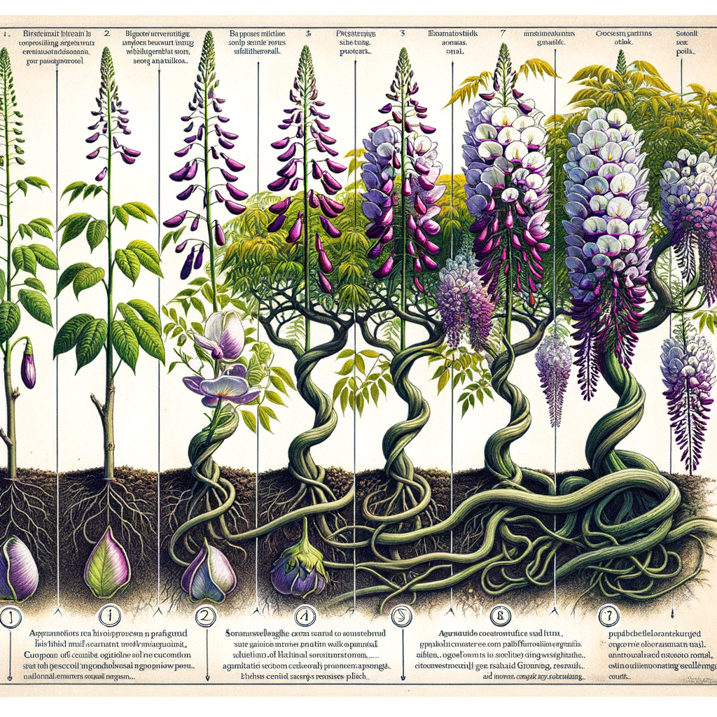 Vibrant image illustrating Wisteria plant care, showcasing the stages of Wisteria cultivation, pruning Wisteria, and essential Wisteria care tips for healthy Wisteria plant growth and maintenance.