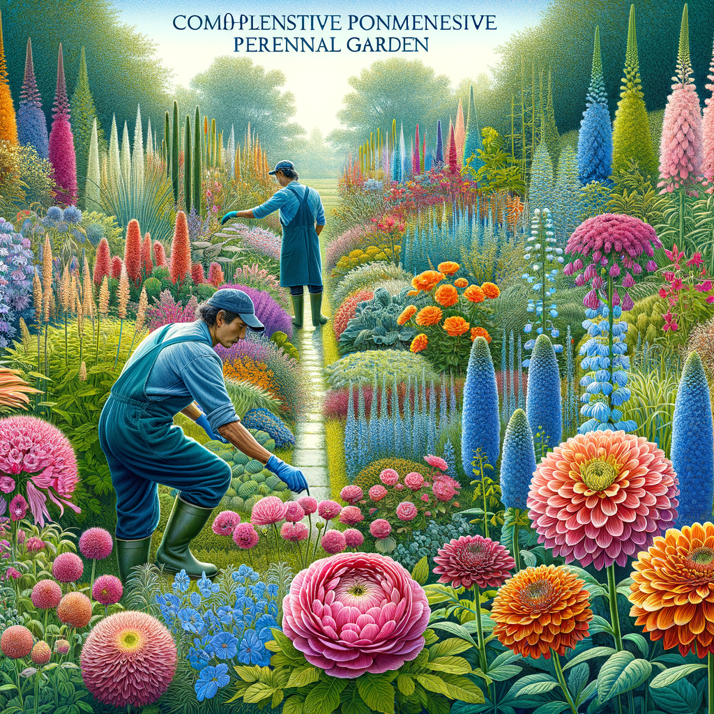 Gardener maintaining vibrant perennial garden beauties, showcasing year-round garden plants in full bloom, embodying the complete guide to perennials and perennial plants care.