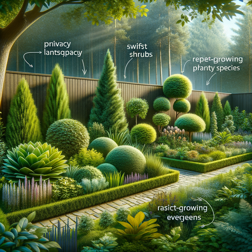 Vibrant garden scene showcasing fast-growing plants, quick growing shrubs, and fast-growing trees strategically arranged as natural privacy screens, highlighting the potential of privacy plants like privacy hedges and fast-growing evergreens for privacy landscaping ideas.