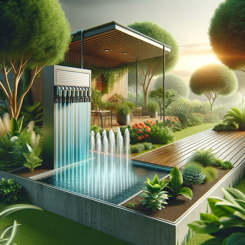 Modern garden showcasing the renaissance of rainwater harvesting system for sustainable and eco-friendly gardening, emphasizing water conservation through a modern rainwater collection unit and efficient garden irrigation system.
