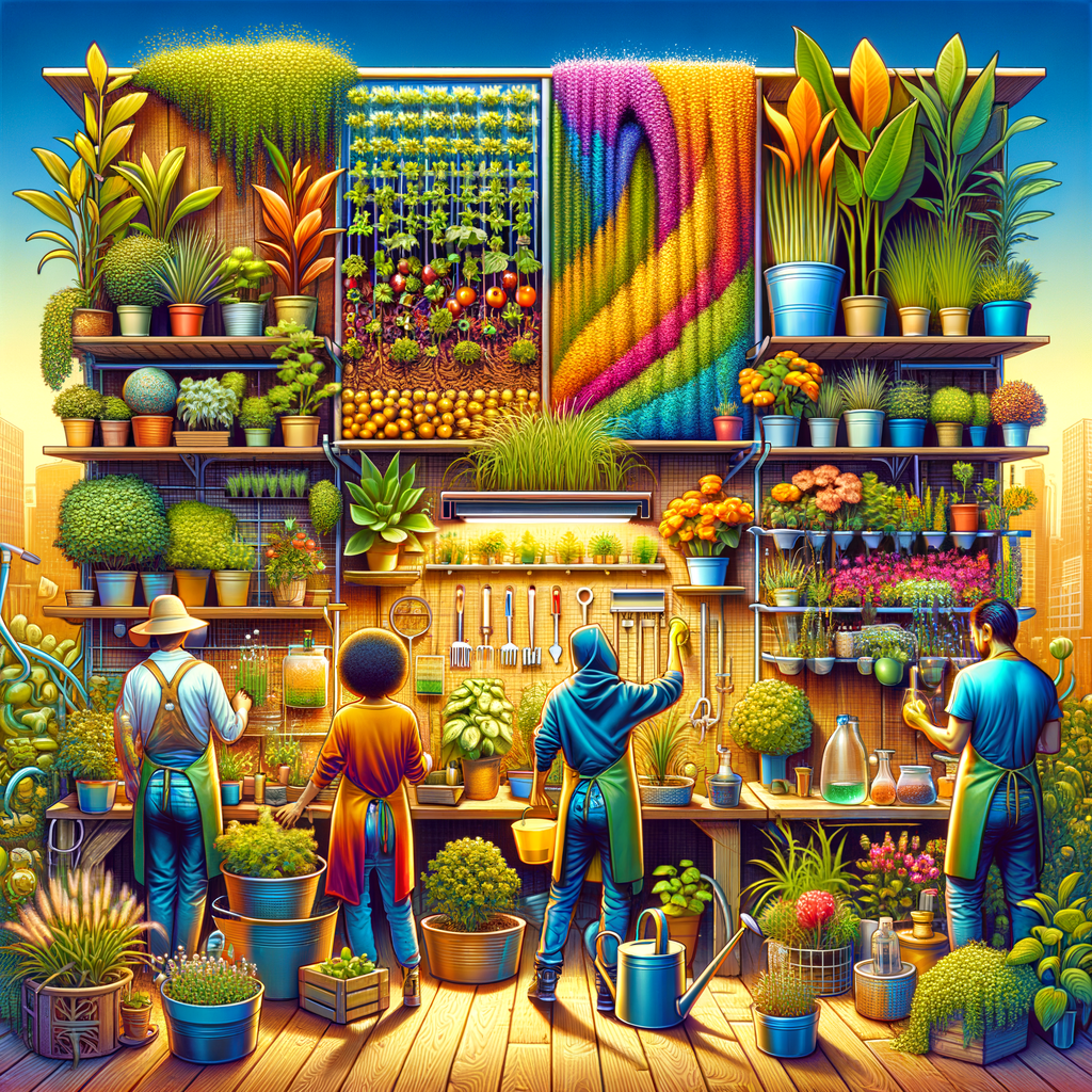 Image showcasing unconventional gardening tips, unique plant care methods, and innovative gardening techniques like vertical gardening and hydroponics for advanced plant care.