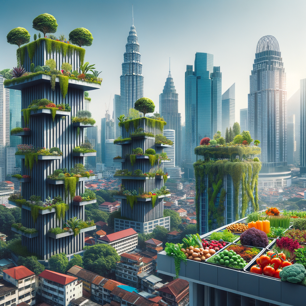 Urban gardening and vertical farming in cities with lush rooftop gardens and innovative vertical garden designs, showcasing building upwards gardening and urban agriculture solutions in a bustling cityscape.