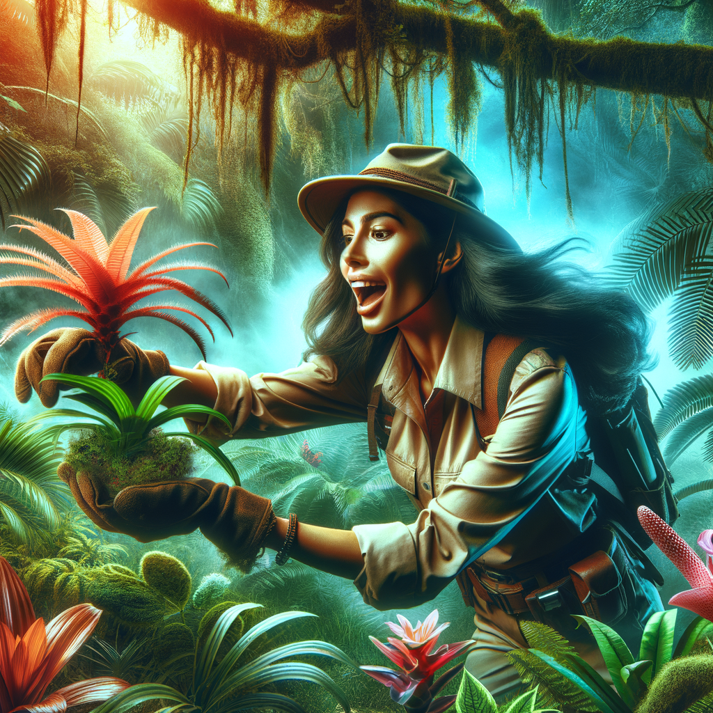 Professional botanist on a thrilling plant hunting adventure, exploring and discovering new species of plants in a lush jungle, embodying the excitement of botanical exploration and the joy of plant species discovery.
