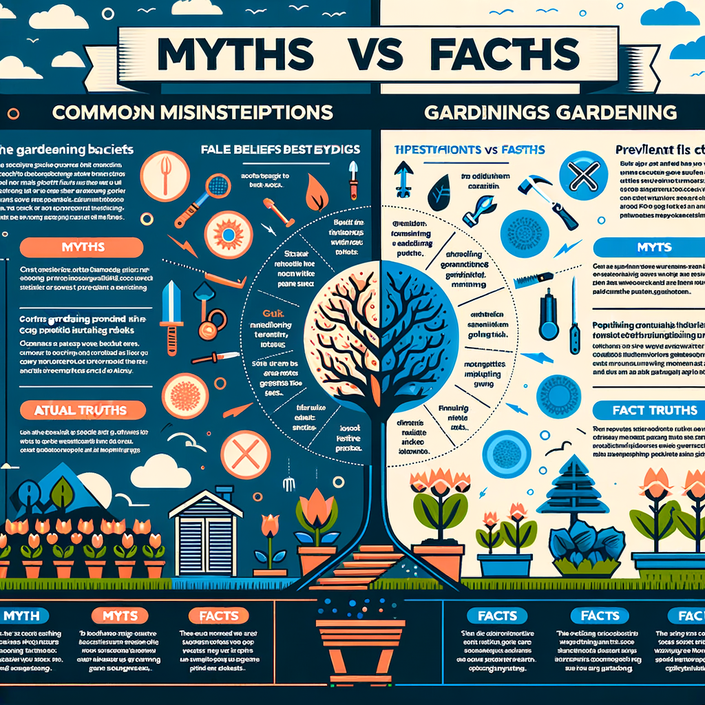 Engaging infographic debunking common gardening myths and misconceptions, contrasting fact vs fiction in gardening, and revealing the truth about misunderstood gardening practices.