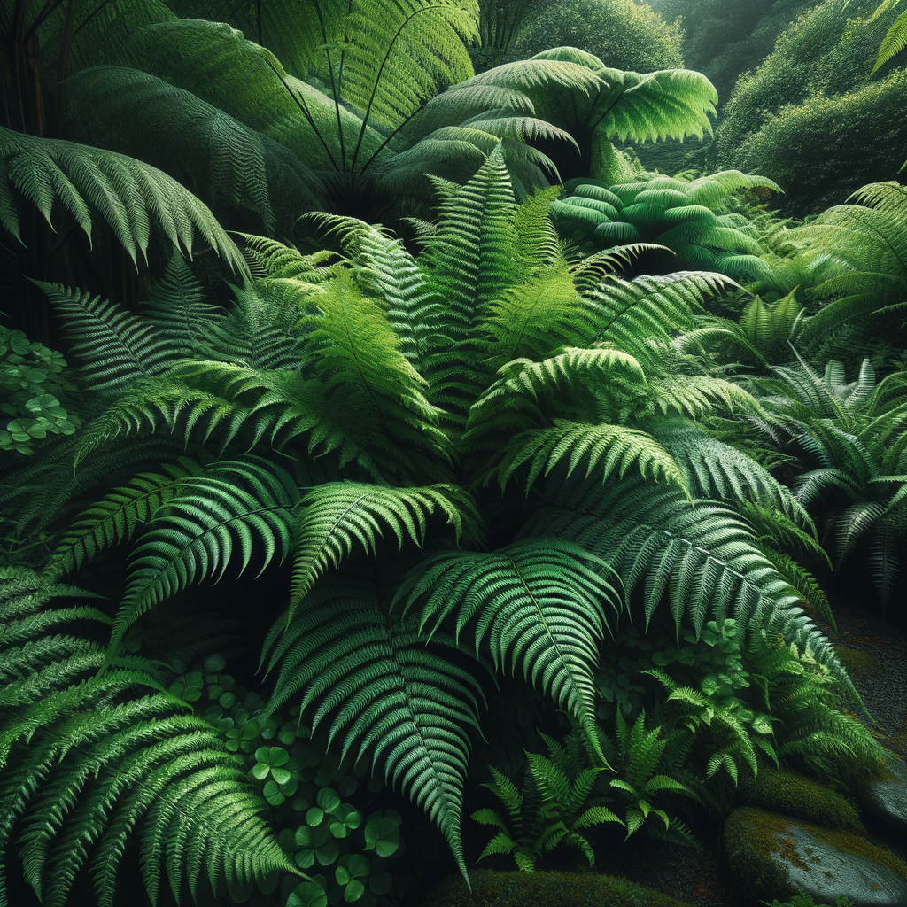 Fascination of Ferns: Various types of well-cared ferns adding texture and greenery to a shady garden spot, illustrating the benefits of fern gardening and fern landscape design.